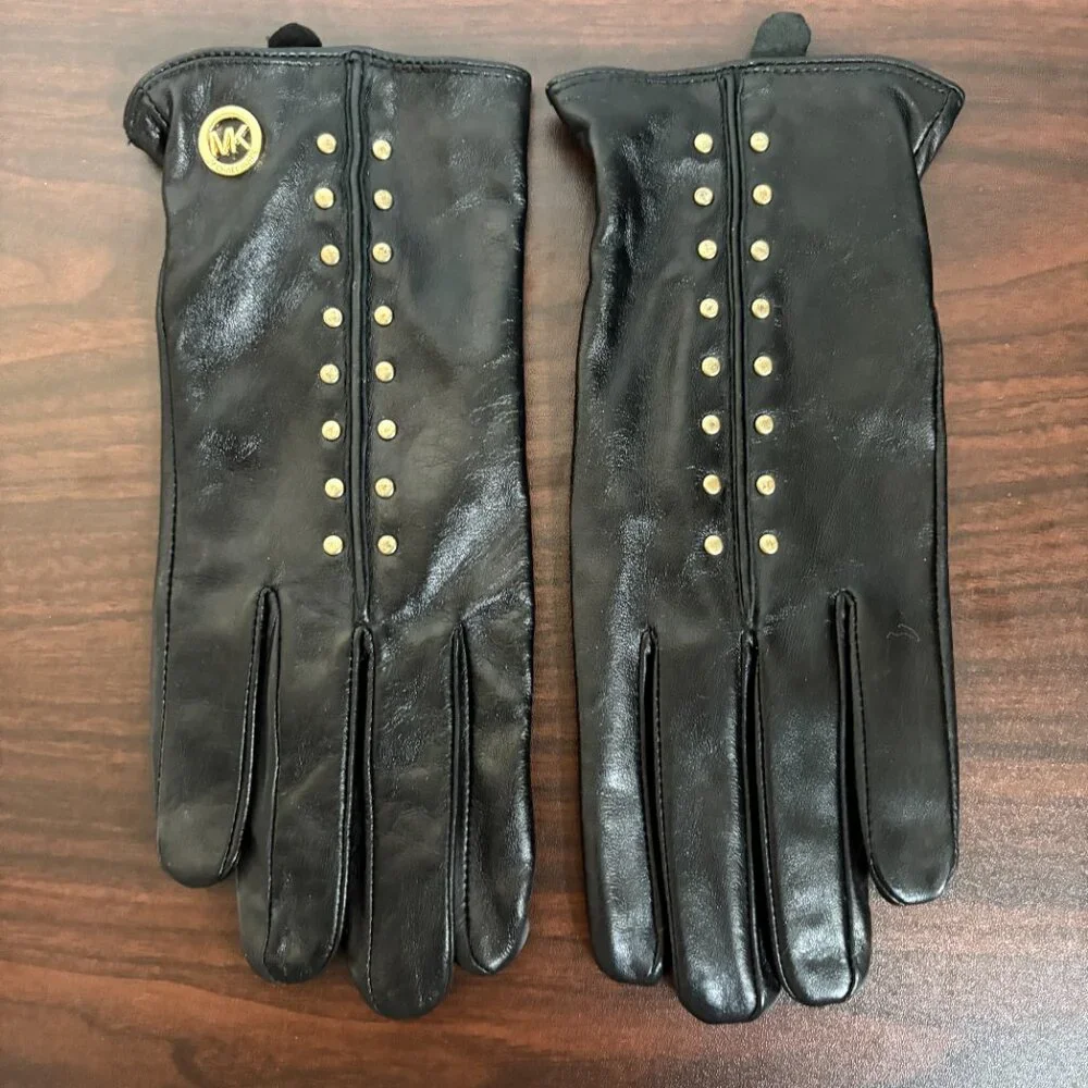 MICHAEL Michael Kors Women's Leather Astor Studded Gloves Black Glam-Rock Chic L